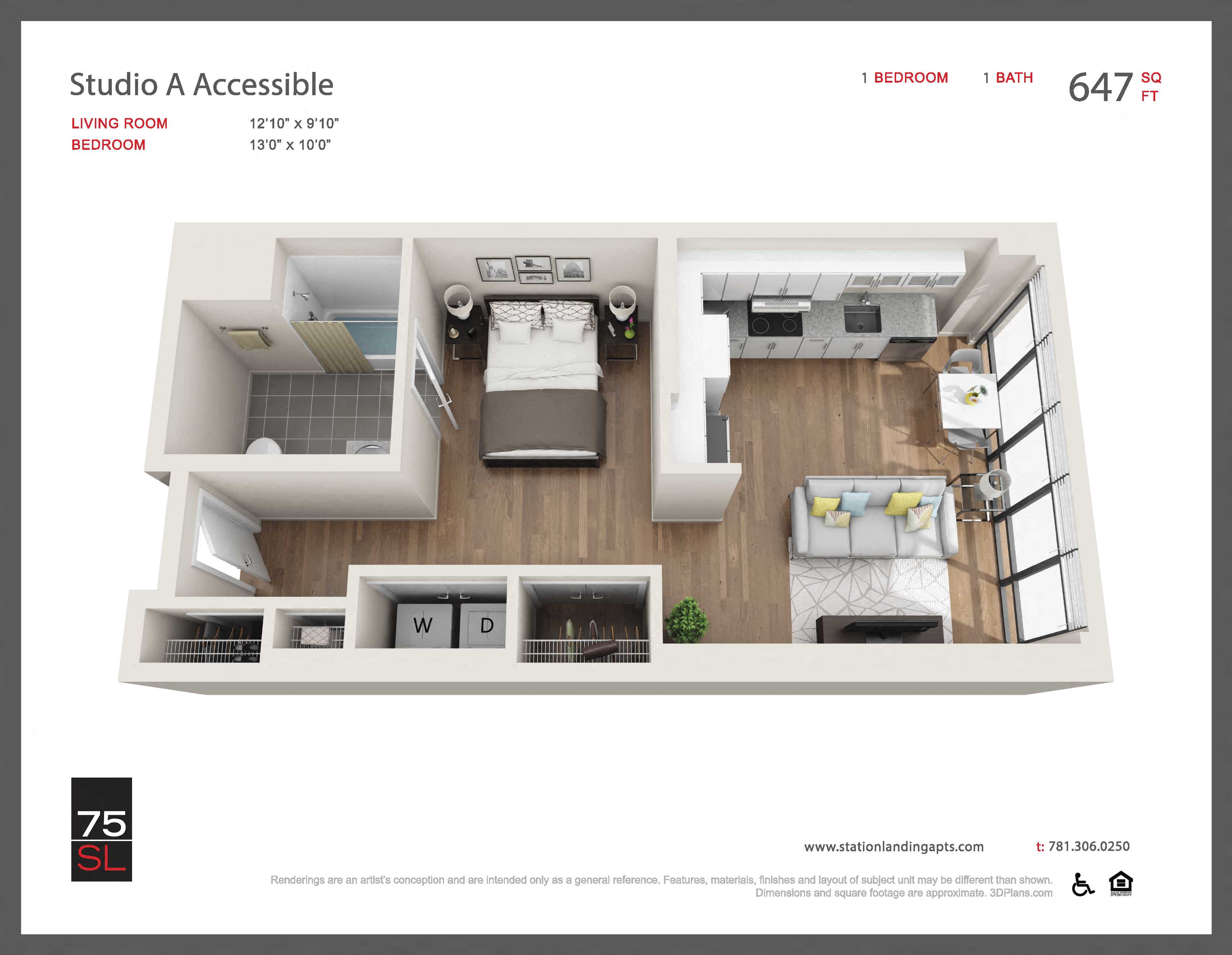 Floor plan for studio, 1 bath, 646 sqft